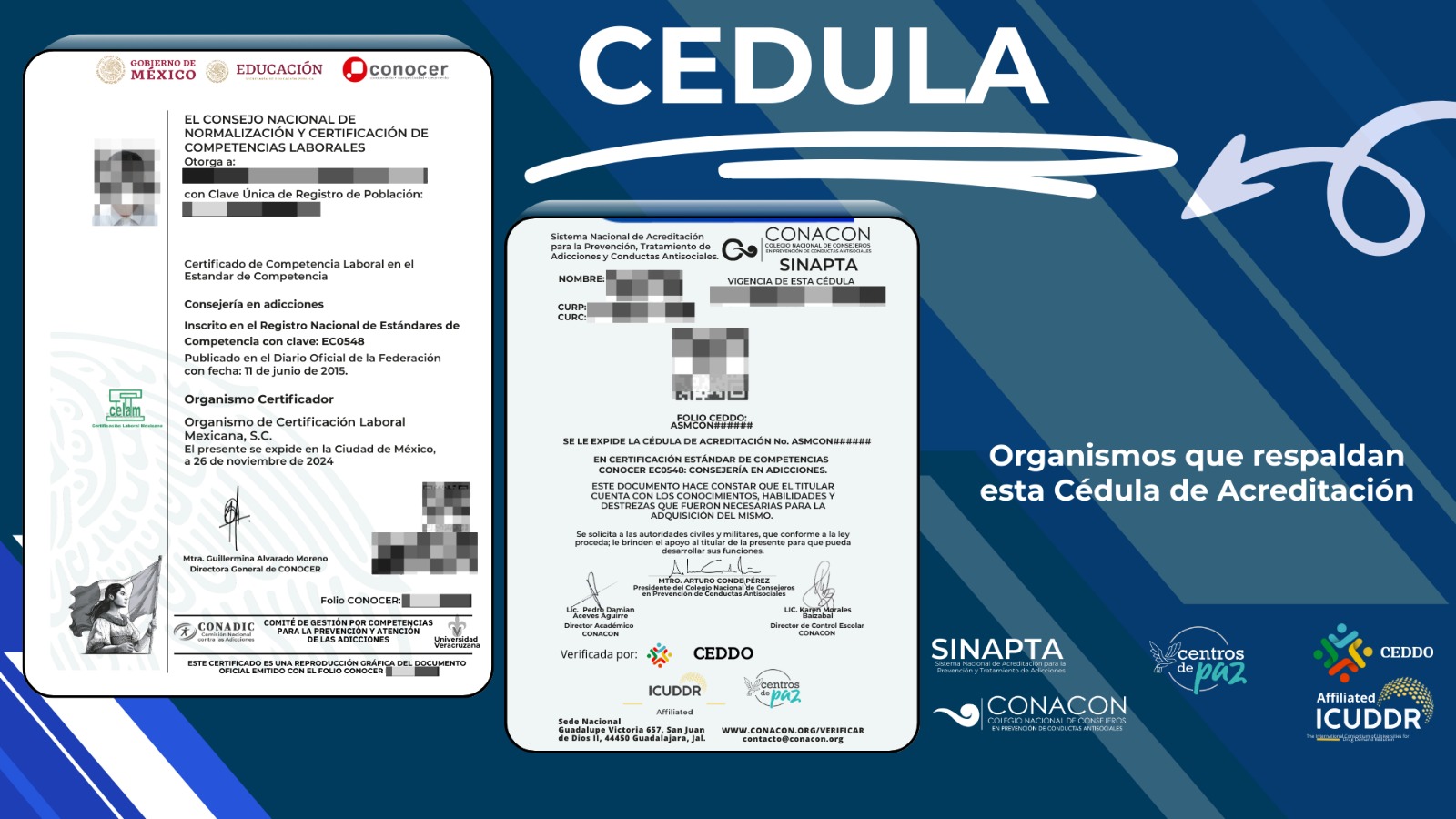 Cédula de acreditación profesional EC0548 en consejería en adicciones con respaldo institucional CONACON