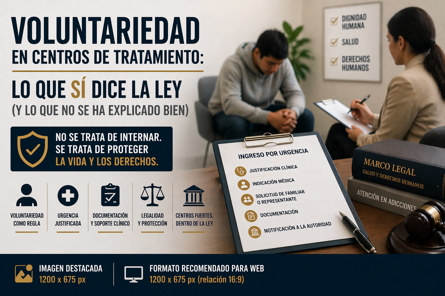 Sesión de atención en centro de tratamiento con elementos visuales sobre voluntariedad, urgencia, documentación y legalidad en el ingreso.